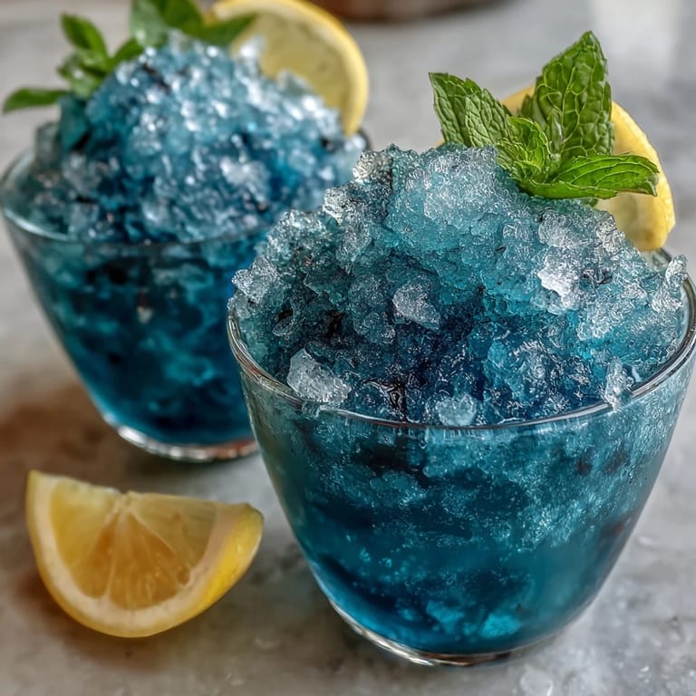 A refreshing summer drink featuring a slushie with bright blue hues, tangy lemon, and sweet raspberry flavors, perfect for hot days.