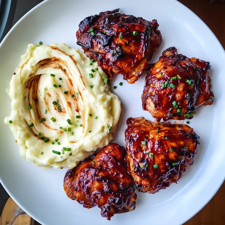 Savory and sweet, these honey BBQ chicken thighs offer a rich flavor, plated with creamy mashed potatoes.