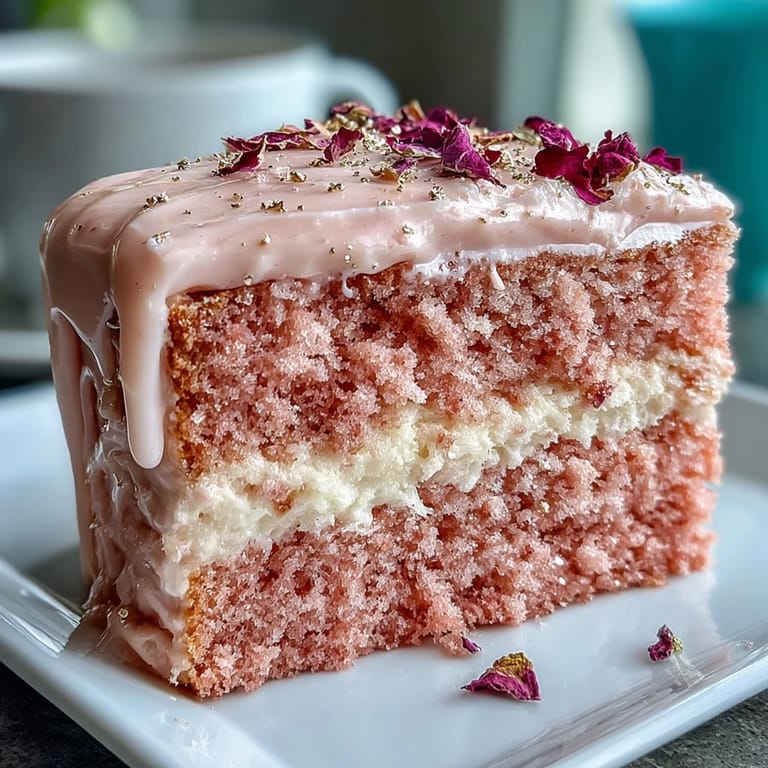 A blush pink Rosé Velvet Cake, beautifully adorned with cascading gold drizzles.