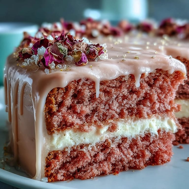 Show-stopping Bridal Shower Rosé Velvet Cake, visually stunning with delicate gold accents.