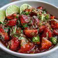 Fresh strawberry salsa with lime and jalapeño, vibrant red berries mixed with zesty citrus and a hint of spice.  
