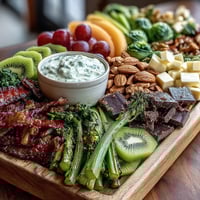 Vibrant St. Patrick's Day green food board filled with fresh fruits, veggies, cheeses, and festive snacks for a colorful celebration.