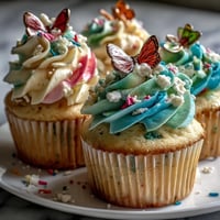 Pastel butterfly-topped vanilla cupcakes with delicate buttercream swirls for spring celebrations.